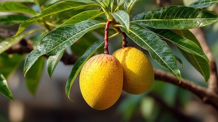 Ripe tropical mangoes hanging on tree branch