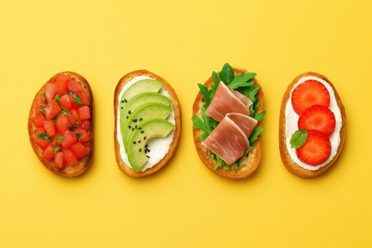Various Brusketta Toppings on a Yellow Background with Space for Text