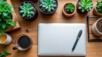 wooden table with a laptop computer sitting on top of it, next to a cup of coffee and a few potted plants.