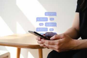 Person holding a smartphone with digital chat bubbles appearing above the screen symbolizing communication and messaging