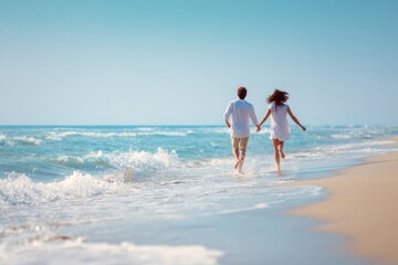 Young couple running hand-in-hand along peaceful ocean beach celebrating love and freedom