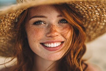 Young woman confidently showcasing natural beauty, radiant smile, red hair, and freckles