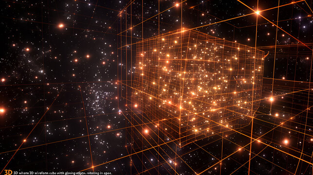 Glowing cube structure with wireframe edges amidst a starry space background in orange and black tones