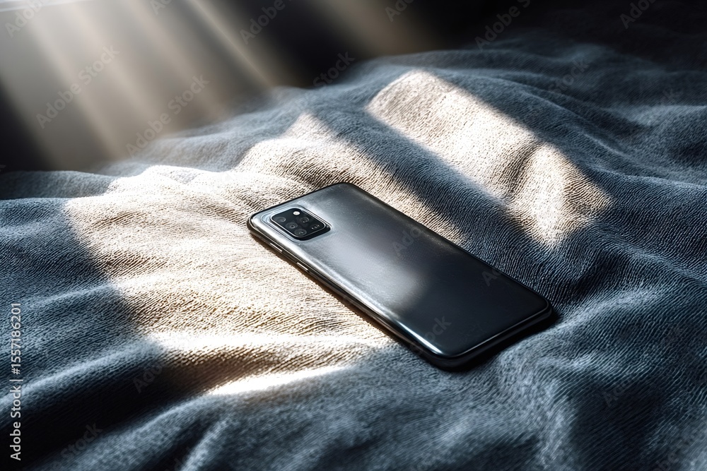 Poster modern smartphone with multiple camera lenses resting on a soft gray blanket, illuminated by beams o