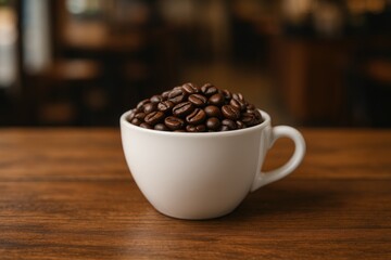 Fototapeta premium A cozy coffee shop scene featuring dark roasted organic coffee beans in a cup on a rustic wooden surface