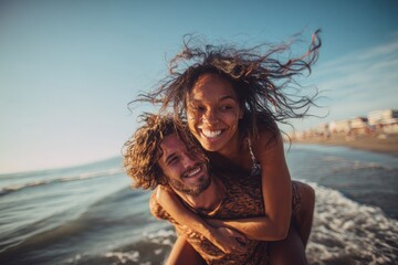 Happy diverse couple sharing joyful embrace during summer beach vacation