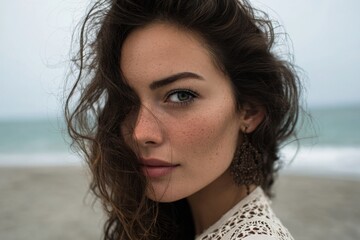 Freckled woman with flowing hair connecting with ocean nature and authentic self