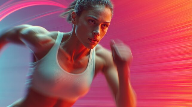 Athletic woman running with neon motion trails against pink-purple gradient, dynamic fitness energy concept - Powered by Adobe