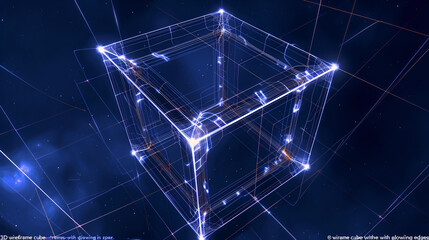 Obraz premium Glowing wireframe cube floating in space with bright corner points and line connections