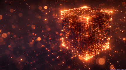 Obraz premium Glowing cube structure with intricate lines and bokeh lights in a dark orange environment