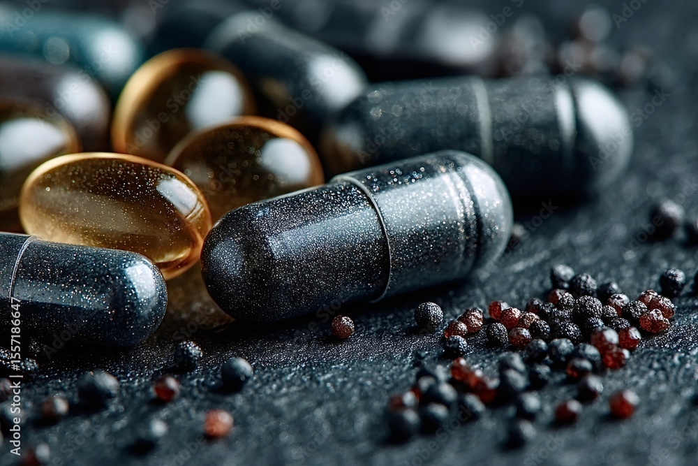 Poster several shiny black and gold capsules lie on a dark surface, surrounded by tiny brown and black sphe