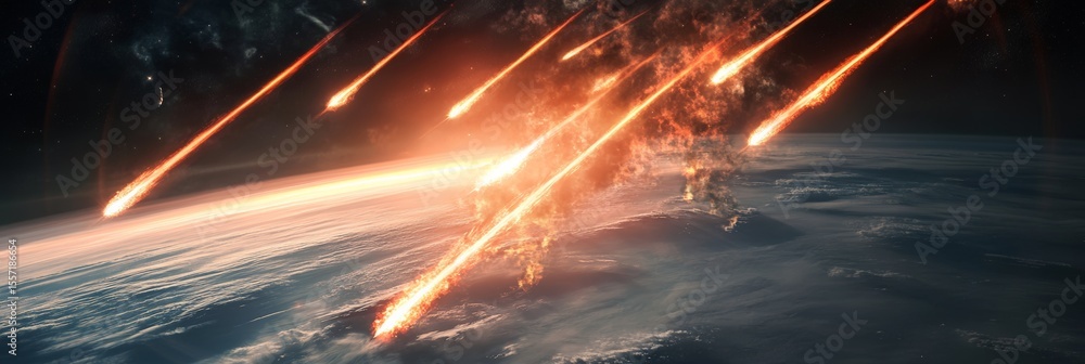 Poster blazing asteroids streaking through a planet's atmosphere, igniting a dramatic and potentially catas