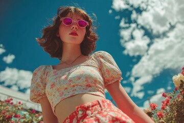 Confident young woman embracing sunny summer vibes under a blue sky