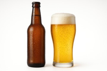 Amber beer bottle with droplets and a beer glass on a plain white backdrop