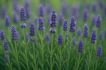 Naklejka premium Natural outdoor scene showcasing blooming green leaves and lavender for background use, close-up view