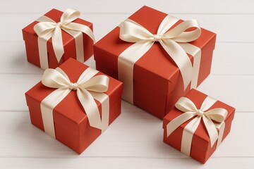 Obraz premium Vibrant red holiday gift packages adorned with elegant cream satin ribbons displayed on a white wooden surface