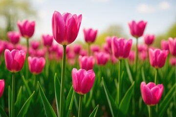 Fototapeta premium Vivid pink tulips blooming vibrantly on a sunny spring day