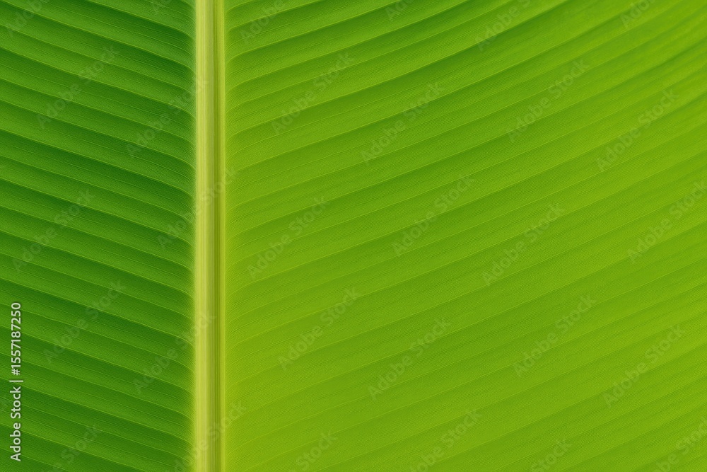 Poster detailed view of a vibrant green banana leaf showing veins and stripes, split into two sections high