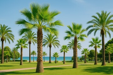 Vibrant green palm trees lining the shoreline