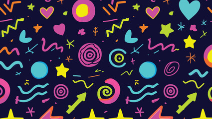 Colorful Abstract Pattern with Hearts Stars Circles and Geometric Shapes on Dark Blue