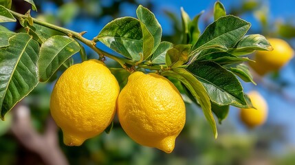 Fresh ripe lemons hanging on tree branch