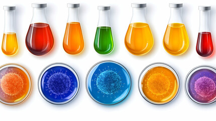 Colorful liquids, viruses, lab glassware, research, science