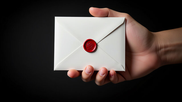 person's hand holding a white envelope with a red wax seal on it against a black background. - Powered by Adobe