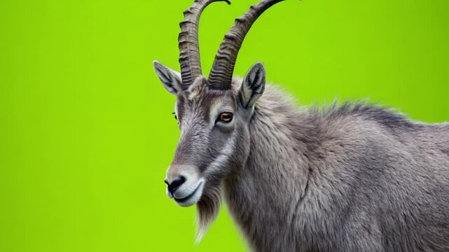 Close-up of a majestic waterbuck with impressive antlers against a vibrant green background