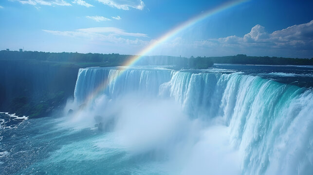 Majestic waterfall cascading under a vibrant rainbow against a clear blue sky landscape view scene - Powered by Adobe