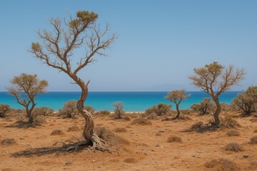 Vibrant summer landscape featuring arid trees, earthy ground, and a bright blue sky with a slight haze on a remote island with a warm climate.