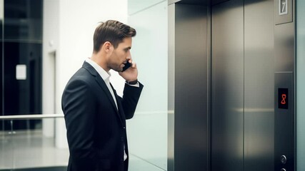 Focused Businessman in Dark Blue Suit Talking on Phone Waiting for Elevator With Gray Metal Doors in Modern Building With White Walls and Glass Railing