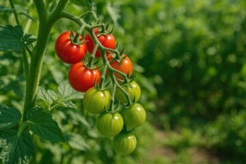 Vine-ripened cherry tomatoes growing in a home garden