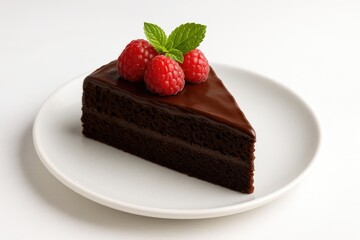 Delicious dessert featuring a rich chocolate cake garnished with fresh raspberry and mint leaves on a white plate