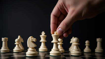 person playing chess on a black and white chess board, with their hand carefully placing a pawn on the board. The background is dark, emphasizing the focus on the chess pieces.