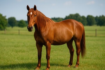 Obraz premium Brown equine standing in a grassy pasture