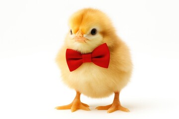 Fototapeta premium A poultry figure adorned with a crimson bow tie on a plain white backdrop