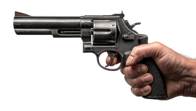 Hand Holding Black Revolver Pistol with Silver Barrel Against White Background