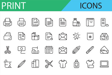 Flat Design Print Icons for Use in Office and Printing Applications

