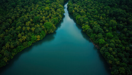 Serene river meandering through lush, vibrant rainforest.