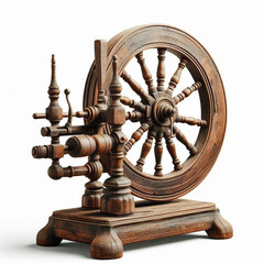  Historic Wooden Spinning Wheel with Visible Spokes and Hand Crank, Aged Patina, Isolated on a Pure White Background in a Rustic Heritage Style