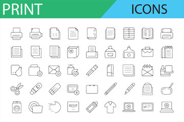 Print Icons Set for Office, Document Management, and Printing Services - A collection of minimalistic icons depicting printers, documents, calendars, scissors, letters, and other tools related to prin