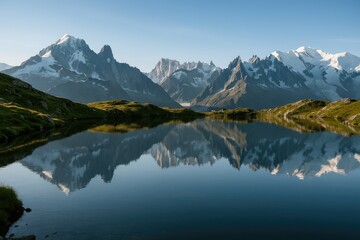 Scenic vistas of lakes and peaks in the mountain range near Chamonix