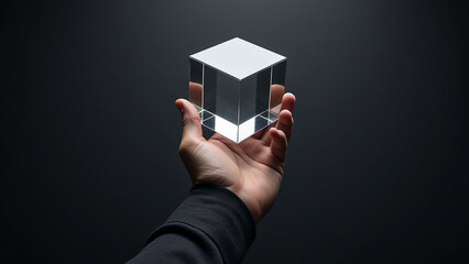 person holding a crystal cube in their hand against a black background. The cube is transparent, allowing the viewer to see the intricate details of its surface.