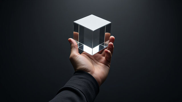 person holding a crystal cube in their hand against a black background. The cube is transparent, allowing the viewer to see the intricate details of its surface.
