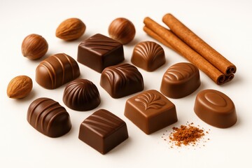 Sweet treat with chocolate, cocoa, nuts, and cinnamon on a plain white surface