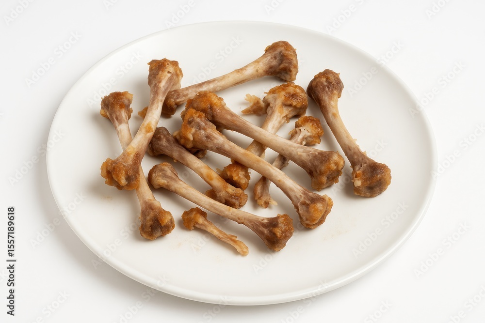 Poster empty plate with bone fragments and cleaned leftovers on a white surface