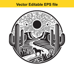 Fototapeta premium Monochrome Cowboy Desert Landscape with Cactus and Mountain Silhouette in Circular Frame – Black and White Western Vector Illustration