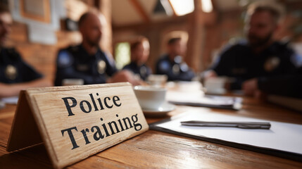 Group of police officers seated during training session learning about law enforcement ethics procedures and professional conduct