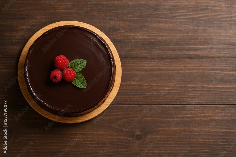 Poster top-down perspective of a chocolate cake with empty space for text