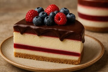 Layered chocolate and berry cheesecake with jelly topping